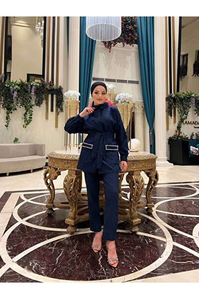 comstar Women's Jacquard Waist Belted Pocket Stone Bottom Top Set