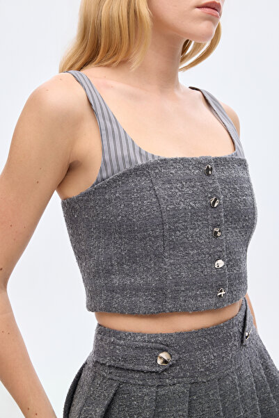 Quzu Strap Paneled Tweed Bustier Blouse Anthracite