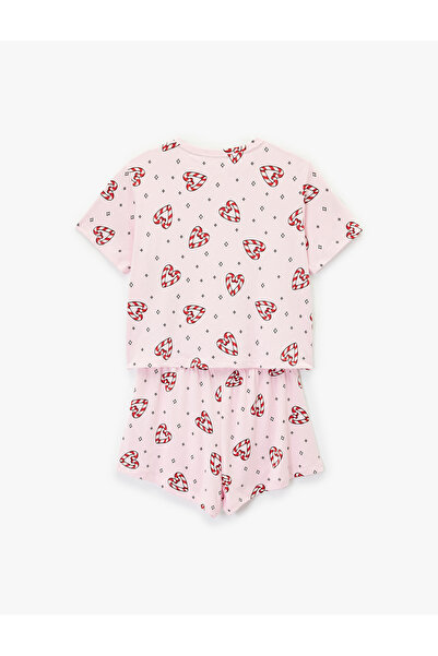 Koton Σετ Πρωτοχρονιάτικης Πιτζάμα με κοντό μανίκι και λαιμόκοψη σε σχήμα U με τύπωμα με σορτς