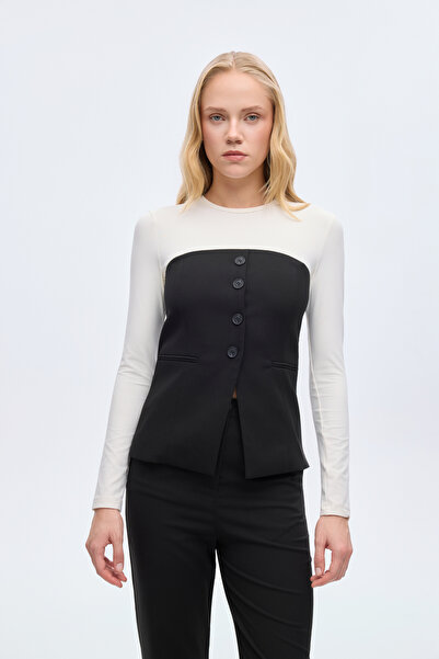 Quzu Μπλούζα με υφασμάτινο γαρνίρισμα σε χρώμα μπλοκ μαύρο