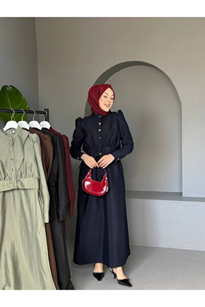 comstar Women's Gathered Balloon Sleeve Button Long Dress