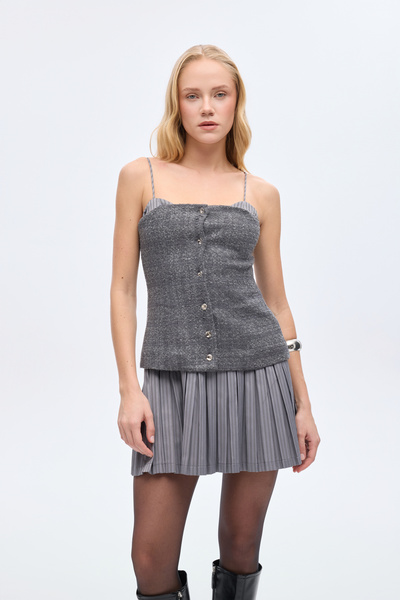 Quzu Tweed Bustier Paneled Pleated Mini Dress Anthracite