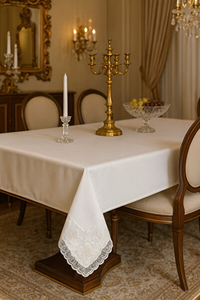 Çeyiz Bahçesi Masa Örtüsü Leke Tutmaz 160/220 Güpürlü krem