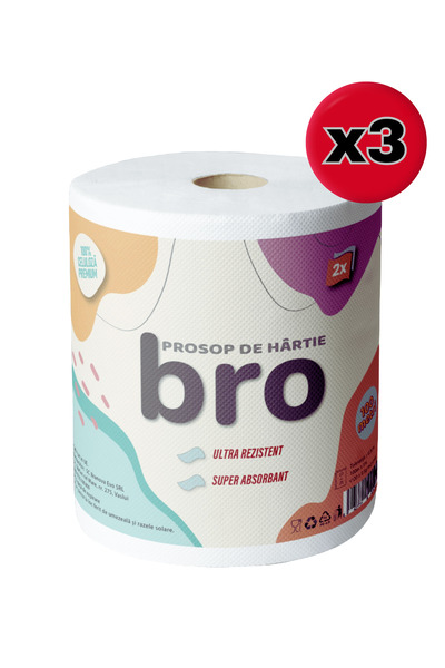 Bro Set of 3 - Bro paper towel roll, 2 ply, 100 meters