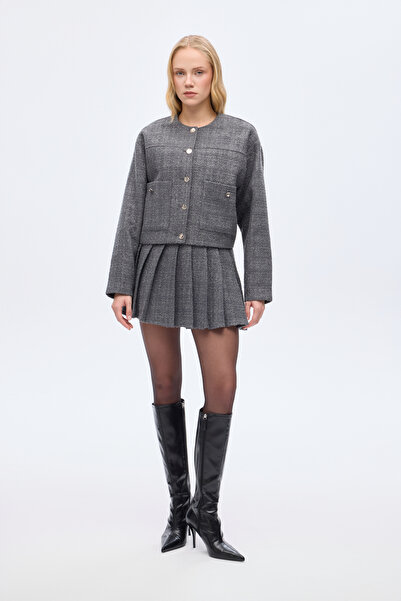 Quzu Round Neck Pocket Tweed Jacket Anthracite