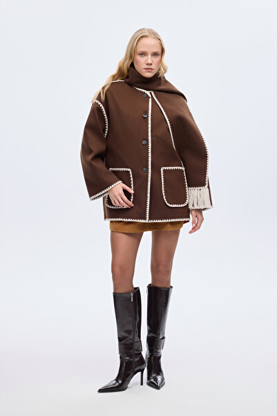 Quzu Κοντό παλτό με κασκόλ oversized καφέ