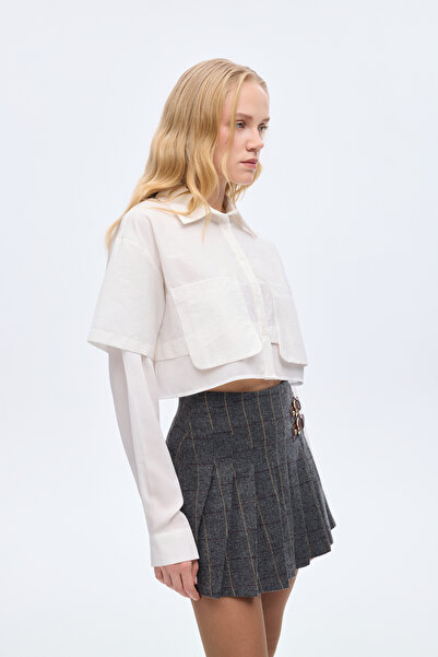 Quzu Double Layer Look Crop Shirt Ecru