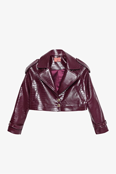 Quzu Crocodile Patterned Cropped Leather Jacket Plum