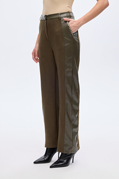 Quzu Leather Paneled Wide Leg Suede Trousers Khaki