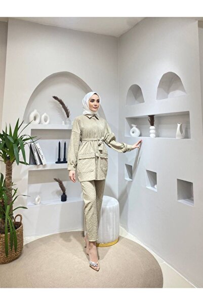 comstar Women's Jacquard Waist Belted Pocket Stone Bottom Top Set