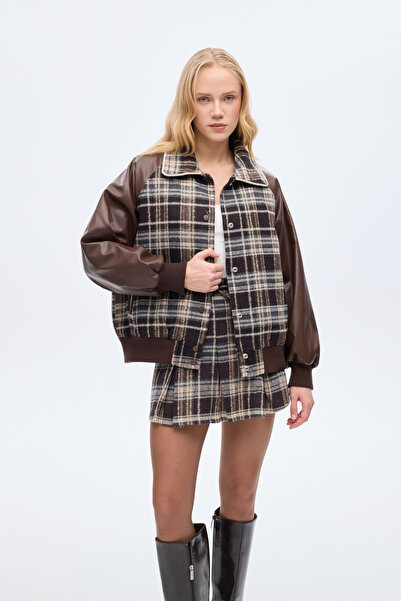 Quzu Leather Paneled Plaid Oversized Bomber Jacket Brown