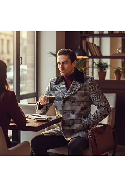 Frappoli Kalın Erkek Ekose Desenli Kaşe Kaban Slim Fit