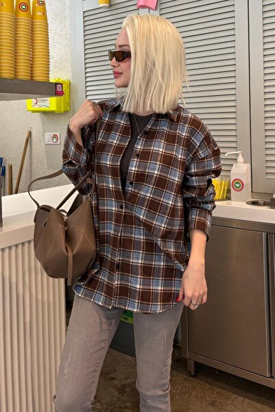 Madmext Bebe Mavisi Oversize Ekose Desenli Kadın Gömlek MG2589