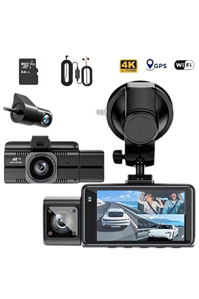 QOVU Cameră auto DVR triplă 4K, Card 64GB, Kit Parcare, GPS, Wifi, Senzor Coliziune
