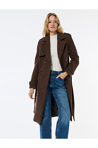 Koton Trench Coat cu buzunare cu broderie cu centură cu două rânduri de nasturi cu mânecă lungă