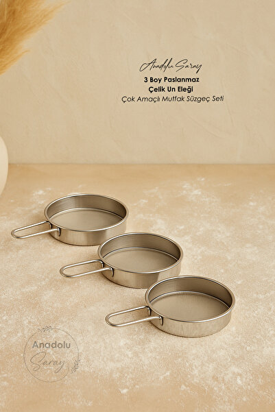 Anadolu Saray 3 Sizes Stainless Steel Flour Sifter and Multi-Purpose Kitchen Strainer Set – Fine Sieving Performance