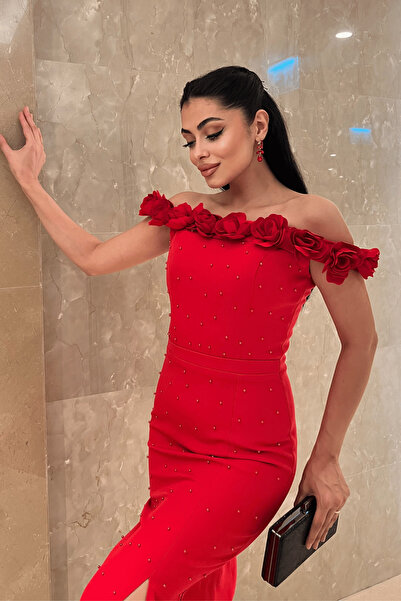 giyimmasalı Atlas Fabric Floral Pearl Detailed Pencil Dress - Red