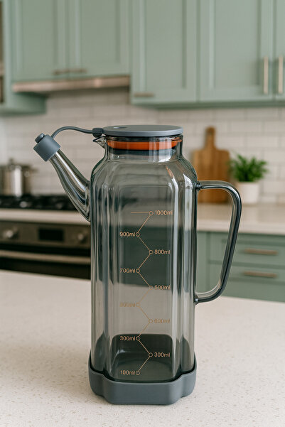 Kezze Modern Tasarım Şeffaf Cam Yağlık 1000ml-Ölçülü Sızdırmaz Kapaklı Kaymaz Silikon Taban