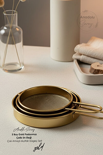 Anadolu Saray 3 Sizes Gold Stainless Steel Flour Sifter and Multi-Purpose Kitchen Strainer Set – Fine Sieving Performance