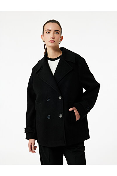 Koton Buttoned Double Breasted Long Sleeve Short Cashmere Coat with Pockets