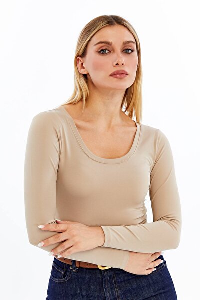 VERANOYA Oval Neck Long Sleeve Blouse Mink