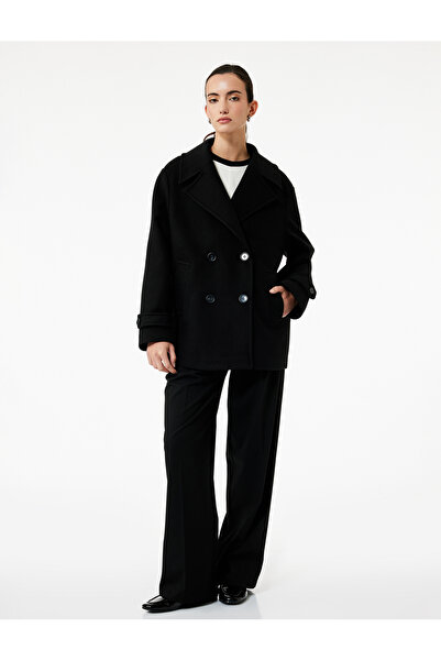 Koton Buttoned Double Breasted Long Sleeve Short Cashmere Coat with Pockets