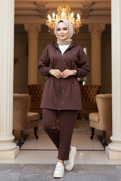 N.S NEVA STYLE Hooded Dark Brown Hijab Two-Piece Set 12271Kkh