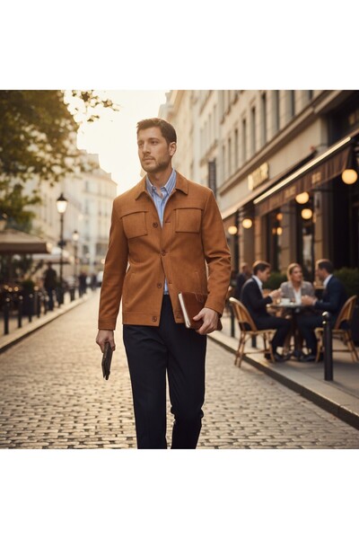 Frappoli Чоловічий спортивний піджак-пальто з ґудзиками, злегка приталений, з замші