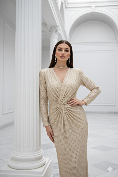 CAREZZA Starlight - Draped Stone Stretch Fabric Ecru Evening Dress