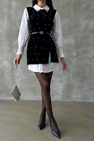 FashionForYou Φόρεμα γραφείου Iuliana, με μαύρο φόρεμα με απλικέ και ζώνη, Μαύρο