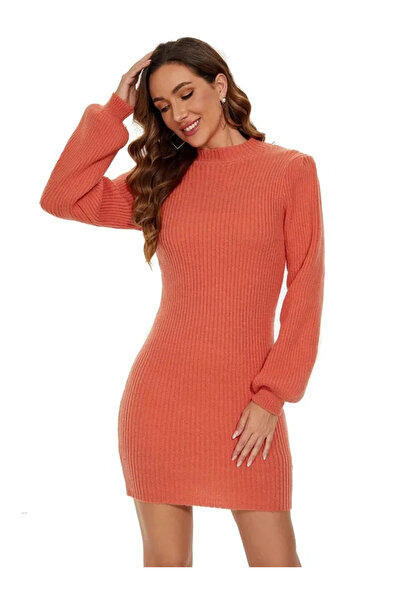 OEM Short, fitted, long-sleeved, elastic knitted dress, orange, M