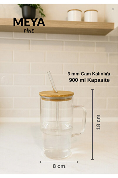 MEYA PİNE Borosilicate Glass Mug with Bamboo Lid and Glass Straw - Glass Bottle - Glass Thermos