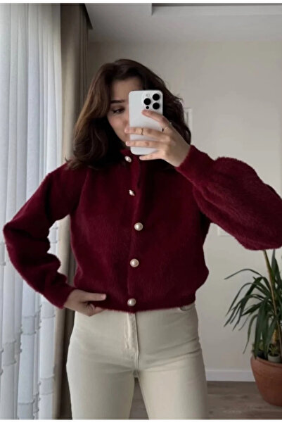 Store İnci düğmeli sakallı balon kol kadın triko yumoş hırka