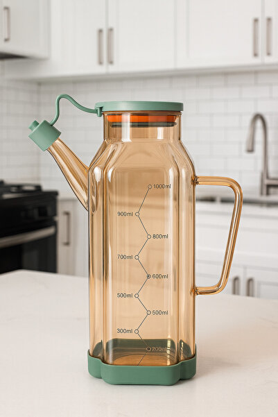 Kezze Modern Tasarım Şeffaf Cam Yağlık 1000ml-Ölçülü Sızdırmaz Kapaklı Kaymaz Silikon Taban