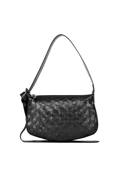 OEM Geantă elegantă din piele PU neagră, cu fermoar și curea detașabilă sau reglabilă, împletită în față