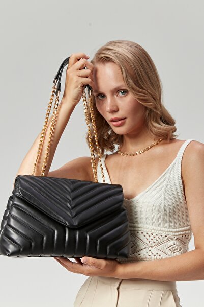 Morpelikan Quilted Women's Shoulder Bag with Gold Chain Strap - Three Compartments