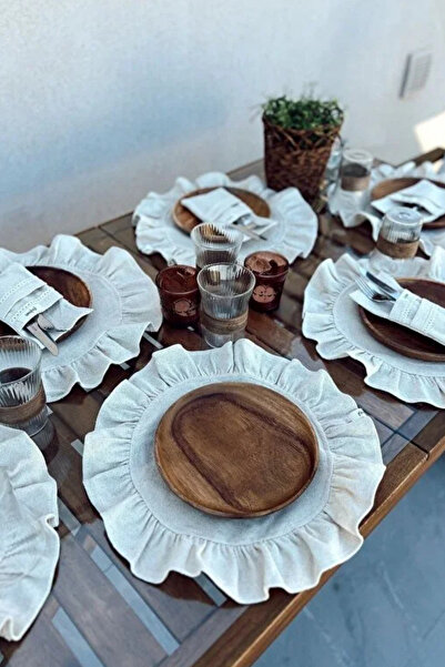 KaiHome 6Lı Ham Keten Yuvarlak Fırfır Detaylı Amerikan Servis/ Supla