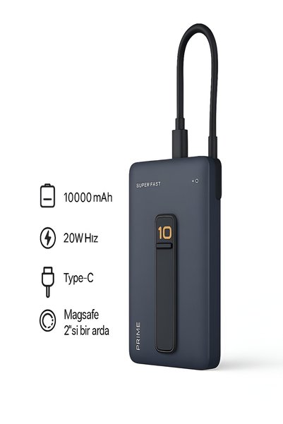 DEANB 10000mAh 20W Hızlı Şarj Kablosuz Magsafe Powerbank Type-C Kablolu/Girişli Standlı - Siyah
