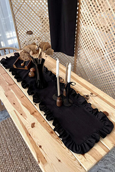 KaiHome Ruffled Black 100% Linen Fabric Runner 50cm X 155cm