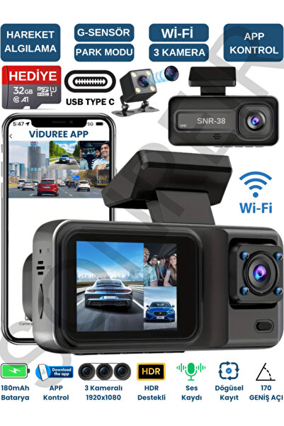SONREİR SNR -38 Wi-Fİ Full Hd 3 Kameralı Araç içi Güvenlik Kamerası IR Gece Görüşü G-Sensör Ön-arka-iç Kayıt