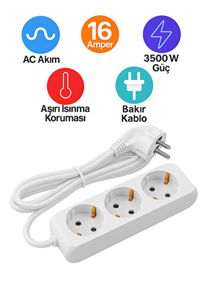 REYYEN 3’lü 5 Metre Grup Priz Bakır Uzatma Ara Kablosu