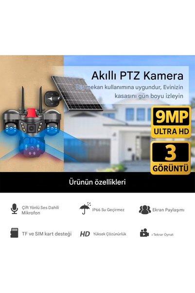O-KAM 8050 E-SİM Solar Pro 4g Simkartlı Güneş Enerjili 3 Lens Akıllı Güvenlik Kamerası