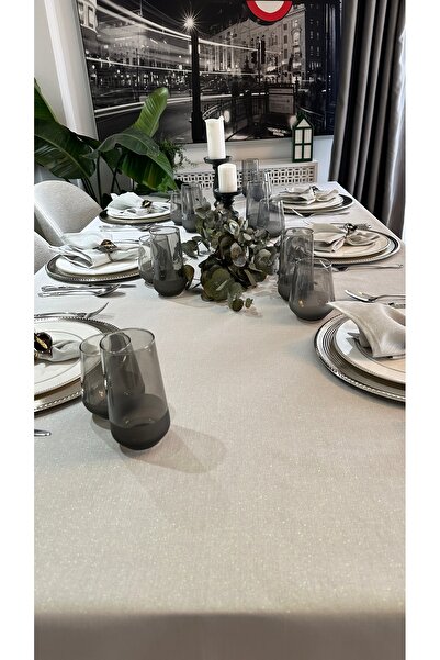 Decamor home Linen Textured Pearlescent Glitter Dark Gray Smoked Tablecloth (Napkin Not Included)