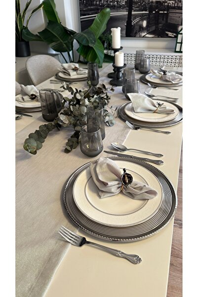 Decamor home Linen Textured Pearlescent Glitter Dark Gray Smoked Runner (Not Including the Nappe)