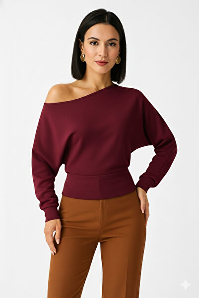 trendalisse بلوزة نسائية ذات ملمس مودال بدون أكتاف باللون العنابي