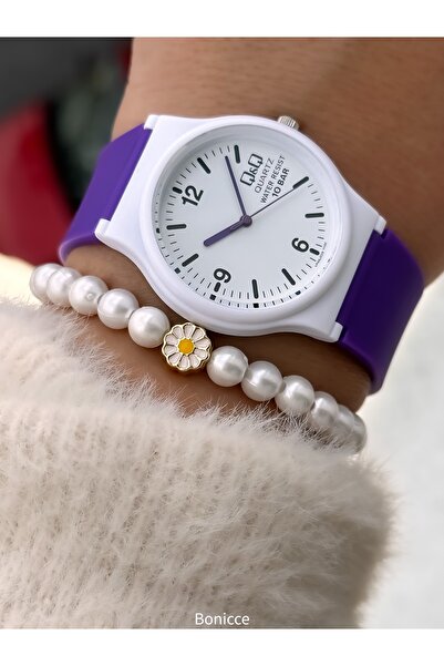 Q&Q Brand White Purple Silicone Cord Women's Wristwatch Bracelet with Calendar