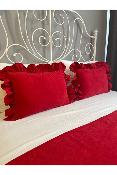 Decamor home Double Red Ruffle Bed Runner and Throw Pillow Set
