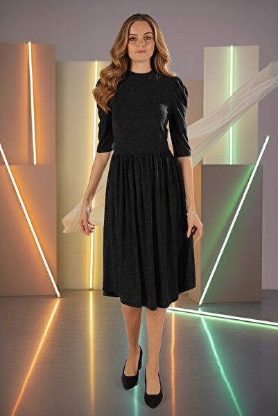 Avones Πλεκτό μάλλινο φόρεμα βισκόζης με μπαλόνι με κορδόνι στη μέση, ανθρακί