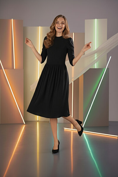 Avones Πλεκτό μάλλινο φόρεμα βισκόζης με μπαλόνι με κορδόνι στη μέση, ανθρακί