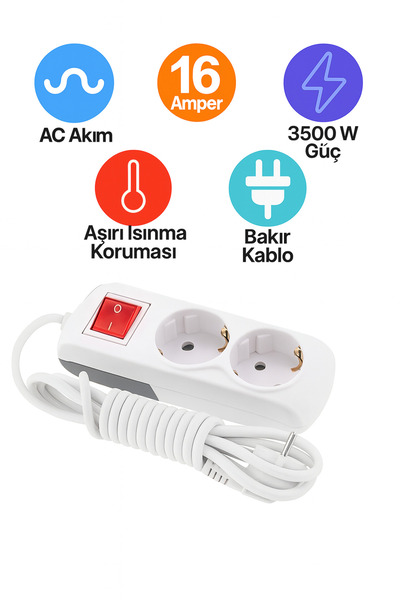 REYYEN 2'li Anahtarlı 5 Metre Grup Priz Bakır Uzatma Ara Kablosu